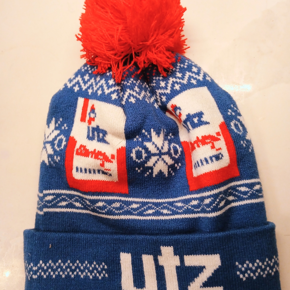 Blue Knit Pom Beanie Hat with Red Pom